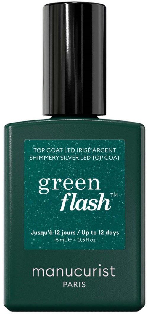Green Flash topplakkflaske med sølv og svart kork, viser produktdetaljer på etiketten.