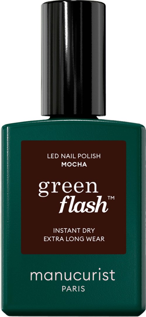 Grønn neglelakkflaske med svart hette, etikett leser LED Nail Polish Mocha, Manucurist Paris.