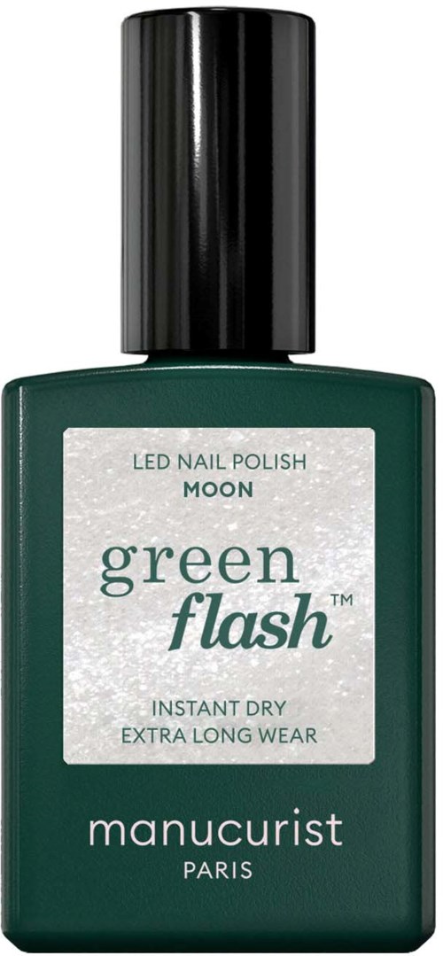 Vihreä kynsilakkapullo, jossa lukee LED kynsilakka Moon green flash. Kosteuttaa ja kestää pitkään.