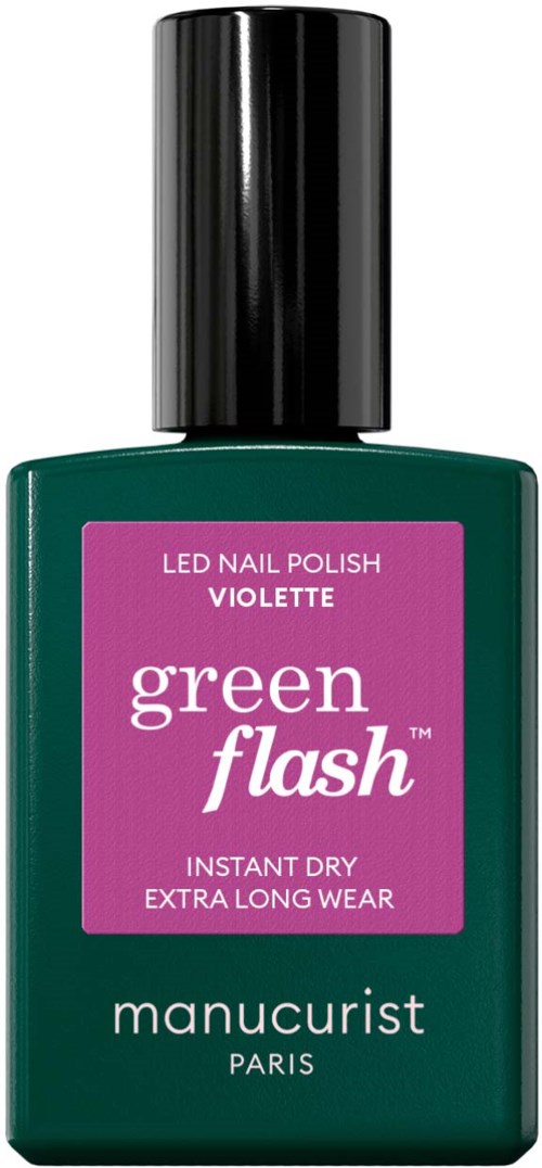 En flaske grønn neglelakk merket violet, flash og manicureist Paris med svart hett.