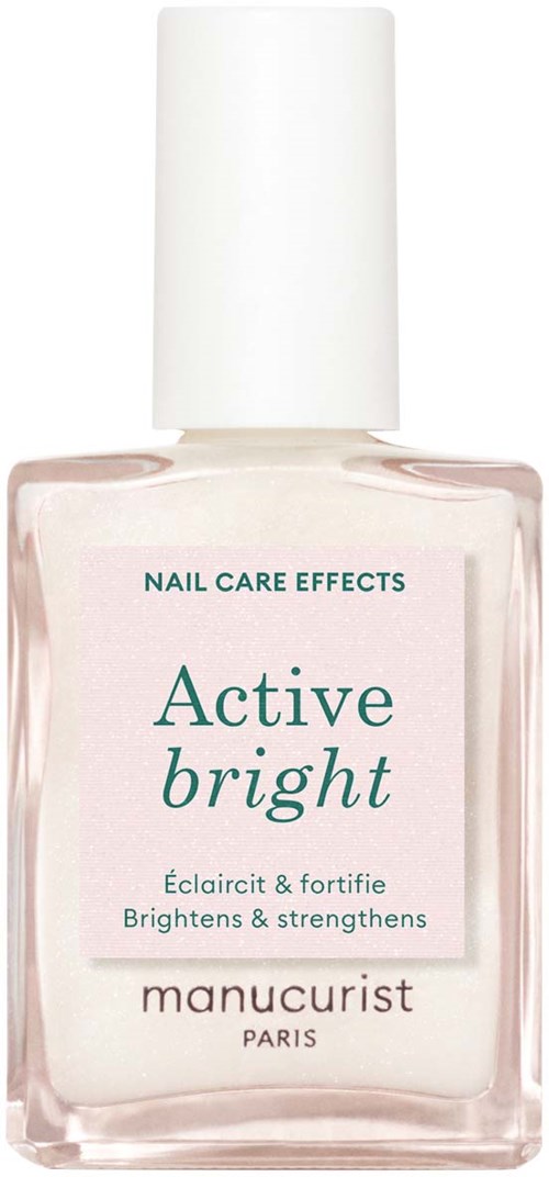A nail polish bottle labeled 'Active Bright' by Manucurist, with a white cap and pinkish liquid inside.