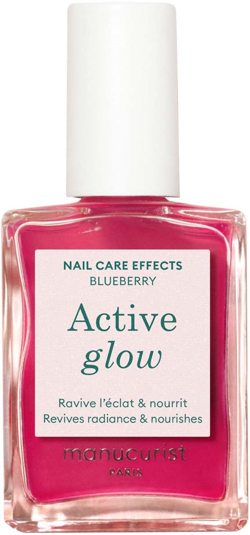 Pink nail polish with a white cap and a label that says "Active glow" and "Blueberry."