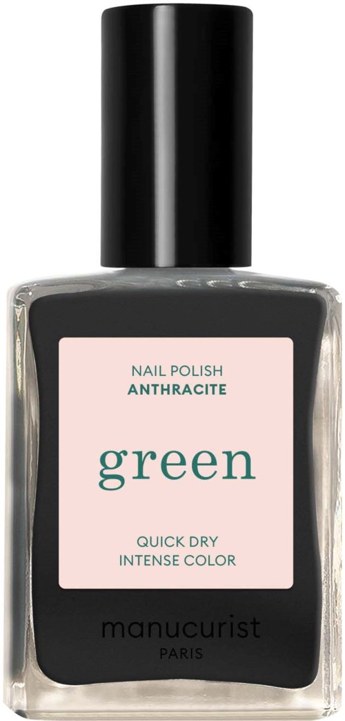 Kynsilakkapullo, jonka etiketissä lukee green anthracite, musta korkki ja vaaleanpunainen etiketti, valmistajalta Manucurist.