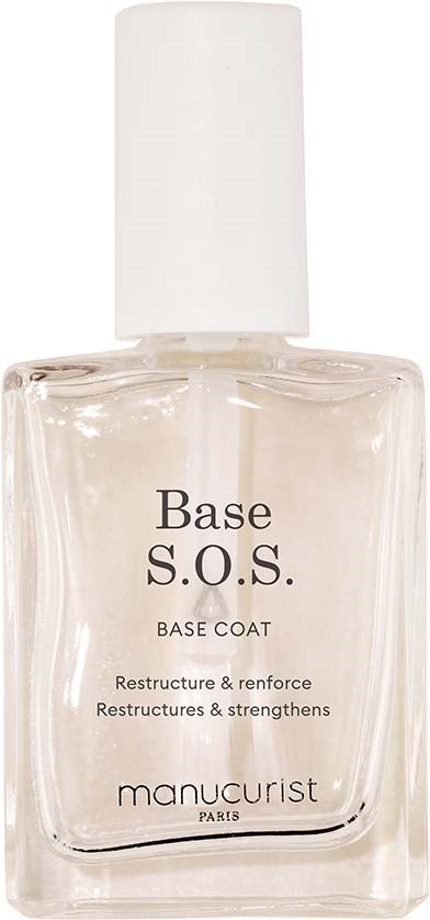 A clear nail polish bottle labeled 'Base S.O.S.' by Manucurist, Paris, designed for strengthening nails.