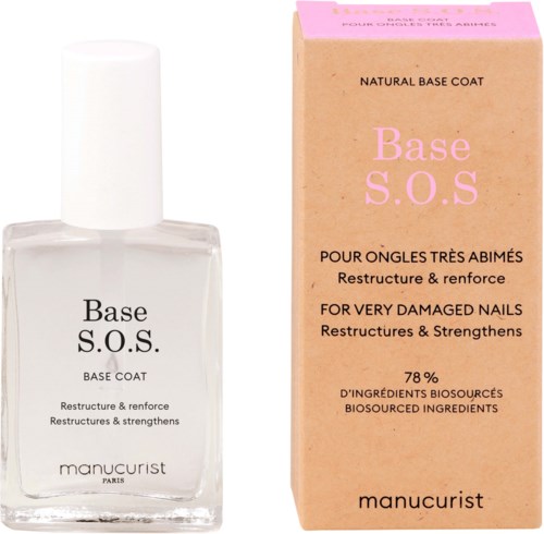 A clear nail polish bottle and a pink box, both labeled "Base S.O.S" for damaged nails. The bottle says it repairs nails.
