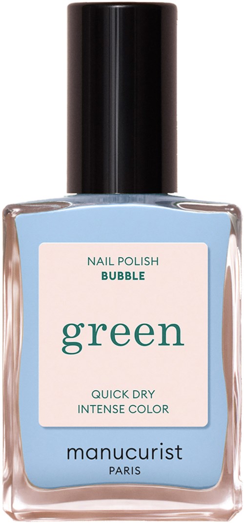 A bottle of blue nail polish with a black cap, labeled "Green Bubble" by Manucurist Paris.