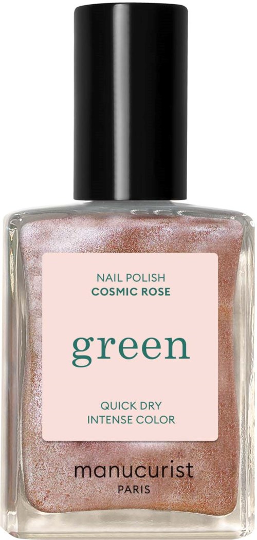 Kynsilakkapullo nimeltä Cosmic Rose Green-merkkisenä, vaaleanpunaisella etikettillä ja mustalla korkilla, pystyasennossa.