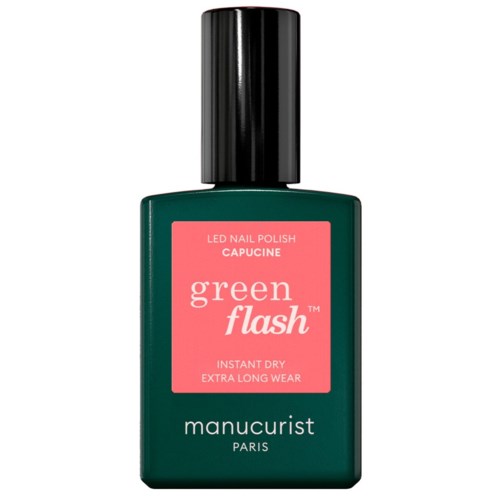 A green bottle of Manucurist Paris LED nail polish with a pink label saying Green Flash, dry, long wear.
