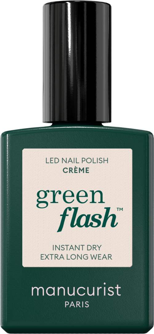 Green nail polish bottle labeled 'green flash' with black cap and white text.