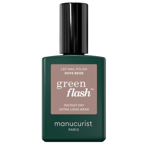A green bottle of manicurist LED nail polish with a black cap, labeled Dove Beige, for long wear.