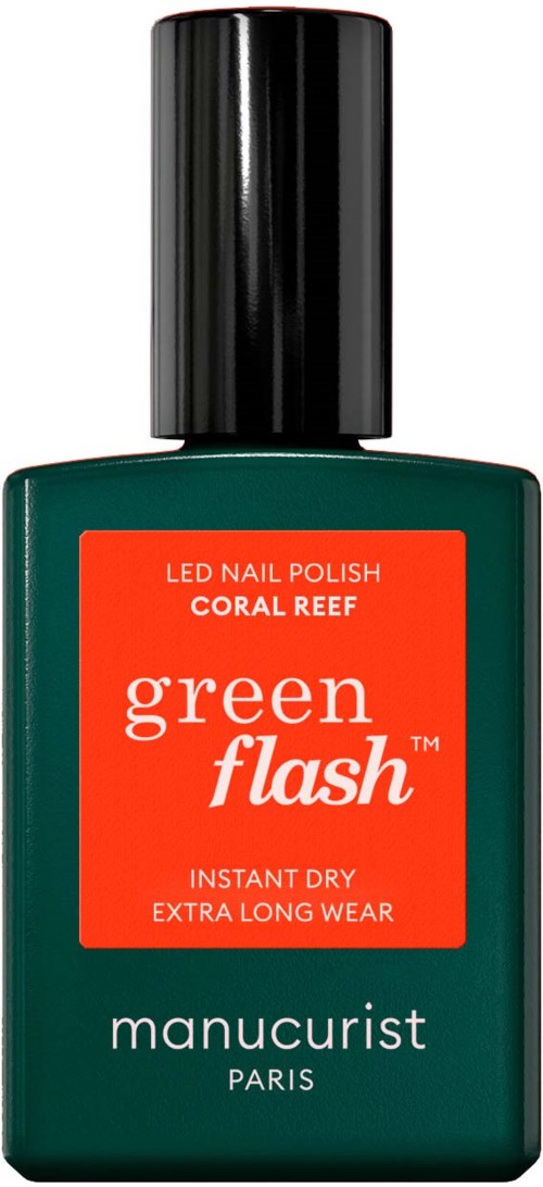 Green nail polish bottle with a red label, black cap, and white text. It says "LED Nail Polish Coral Reef" and "green flash."