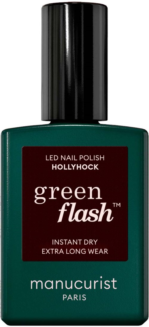 Green nail polish bottle with black cap, labeled 'Hollyhock' for long-lasting, quick-drying nails.