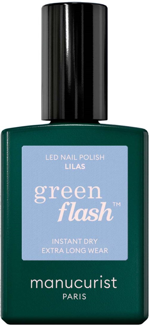 A green bottle of Manucurist nail polish with a black cap and a blue label that says LED nail polish, green flash.