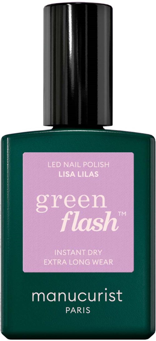 A green nail polish bottle with a black cap, labeled 'Lisa Lilas Green Flash' by Manucurist Paris.