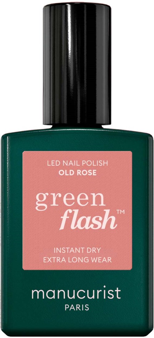 A green nail polish bottle with a black cap, pink label says "LED NAIL POLISH OLD ROSE", with brand name "manucurist".