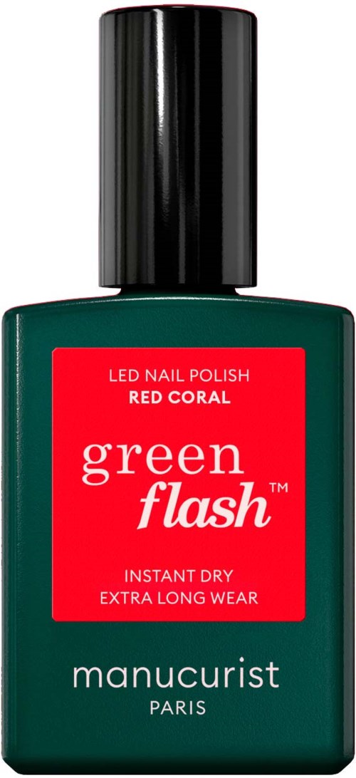 A green bottle of nail polish with a red label, black cap, and white text indicating the product name and brand.