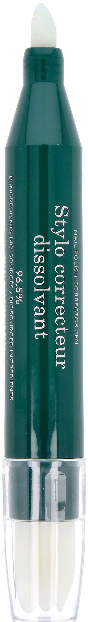 A pen with a green body and white tip, labeled as correction fluid for correcting mistakes on paper.