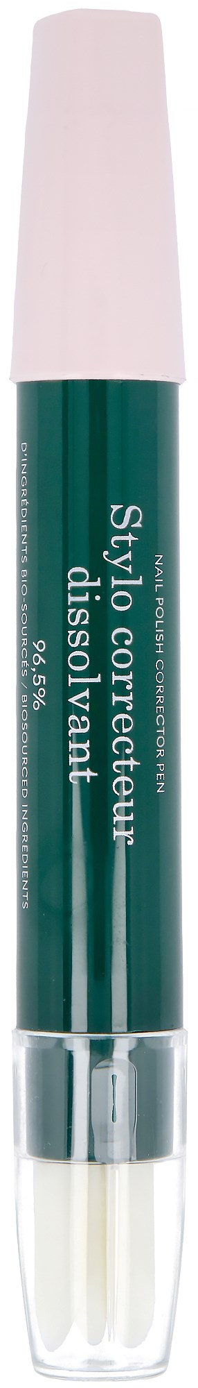 A green cosmetic pen with a white cap, labeled in French, showing it is a makeup remover pen.
