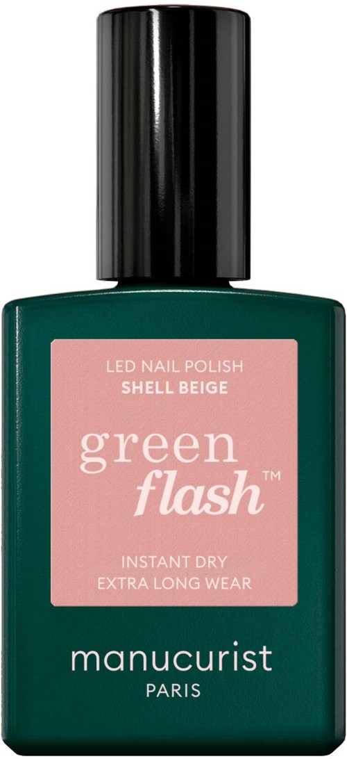 Green nail polish bottle with pink label, black cap, and white text detailing the brand and product type.