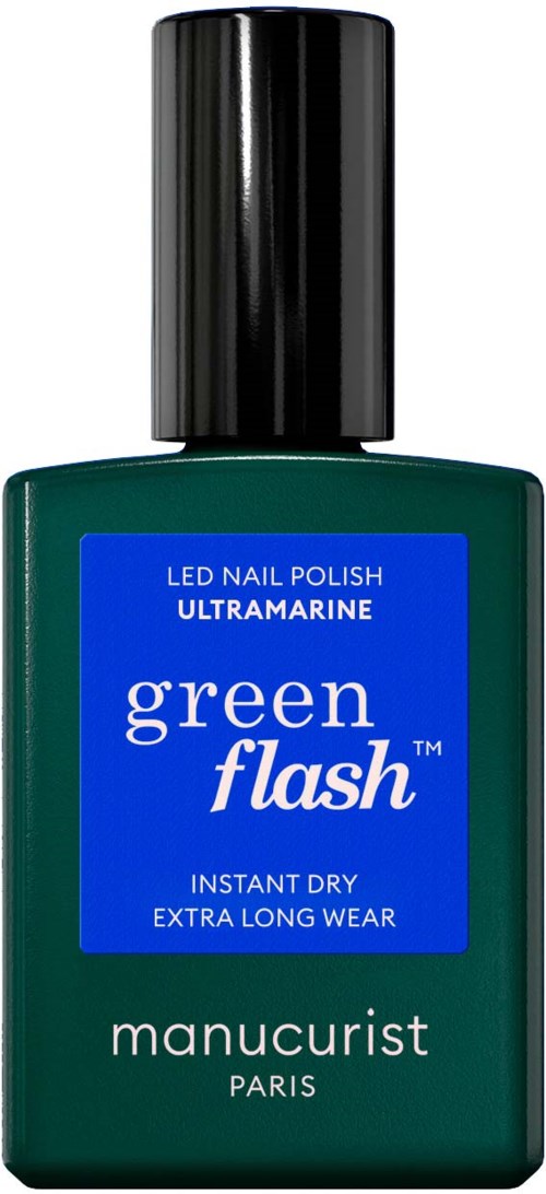 Green nail polish bottle with a blue label that says 'green flash'. Contains LED nail polish for quick drying and long wear.