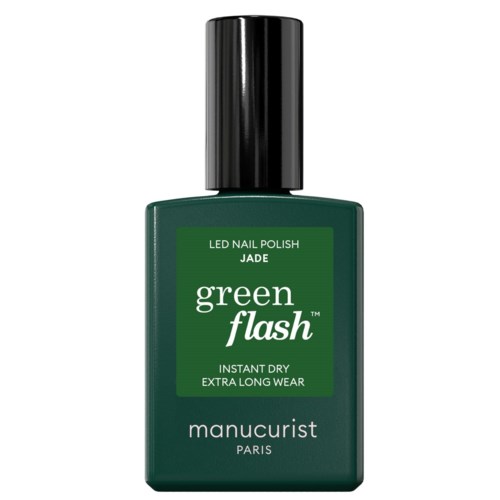 A green nail polish bottle with a black cap. It is labeled Green Flash and is for quick-drying nails.