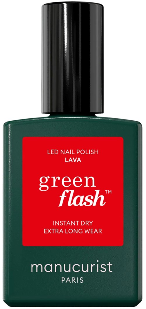 A green bottle labeled 'Green Flash' nail polish, with a black cap, and text about quick drying and long wear.