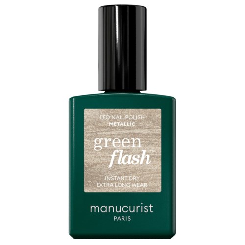 Green nail polish bottle with a black cap and label indicating metallic finish and long-lasting wear.