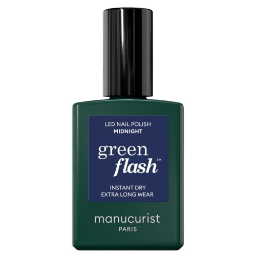 Green nail polish bottle labeled Midnight, with black cap, used for quick, long-lasting nails.