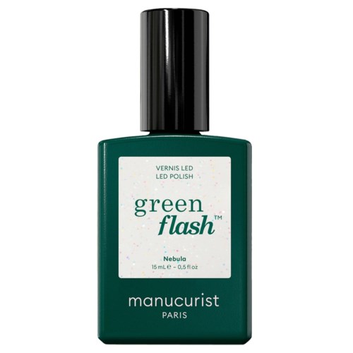 Green nail polish bottle with black cap, labeled Green Flash Nebula, 15 mL, by Manucurist Paris.