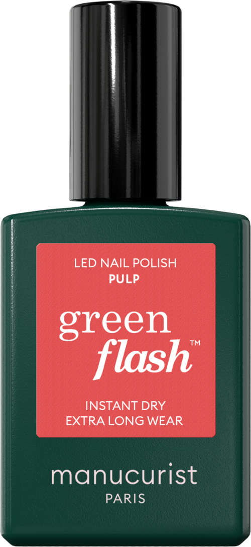 Green bottle of nail polish labeled Pulp with black cap, claims instant dry and long wear.