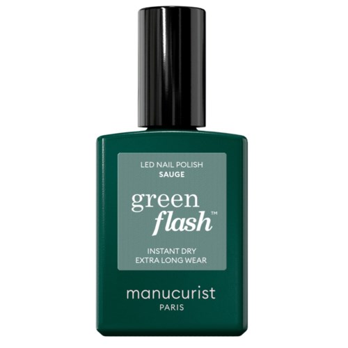 Green nail polish bottle with black cap, labeled as LED nail polish, extra long wear.