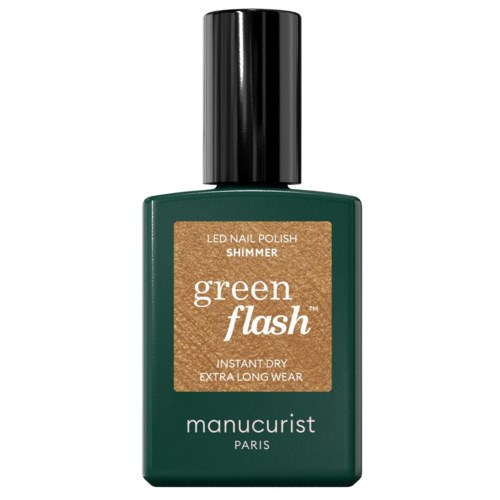 Green nail polish bottle with a black cap, labeled as shimmer and extra long wear.