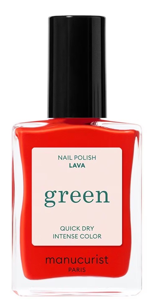 Rote Nagellackflasche mit schwarzem Deckel, Aufschrift sagt 'green' und 'manucurist paris'.