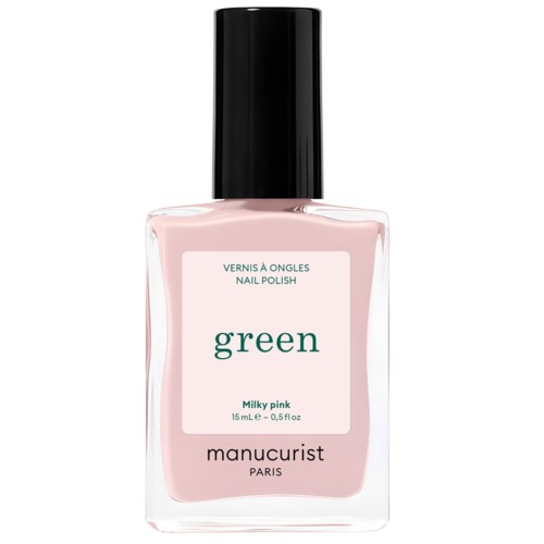 A nail polish bottle with pink color and a black cap. The label says green, milky pink, and Manucurist Paris.