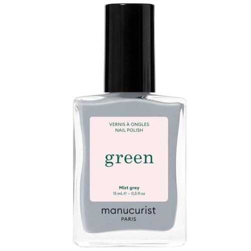 A bottle of green mint grey nail polish from Manucurist Paris with a black cap.