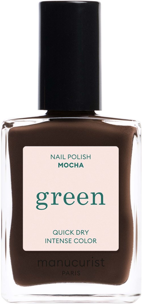 En neglelakkflaske merket green mocha med svart lokk og gjennomsiktig glass som viser brunt neglelakk.