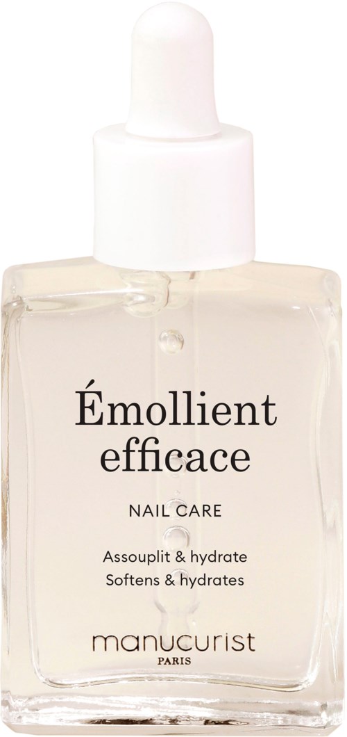 A clear nail care bottle with a white cap and dropper, labeled as smoothing and hydrating nail treatment.