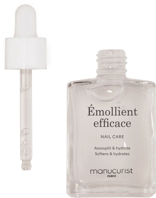 A clear nail care bottle with a dropper cap, labeled 'Émollient efficace' for softening and hydrating nails.