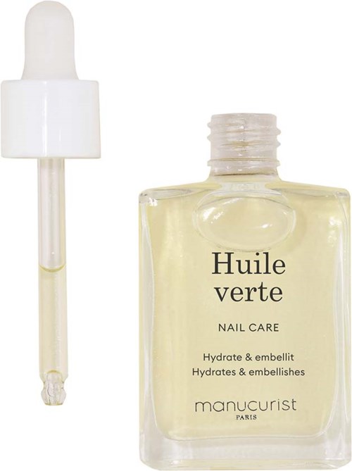 A nail care bottle with a dropper, labeled 'Huile verte' and 'Hydrate & embellish'.