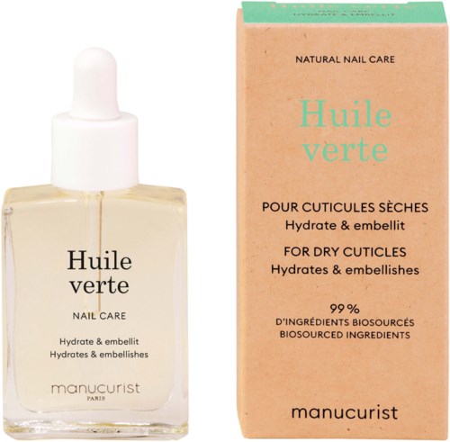 A nail care product called 'Huile verte' with a dropper bottle and a matching box, both labeled for dry cuticles.