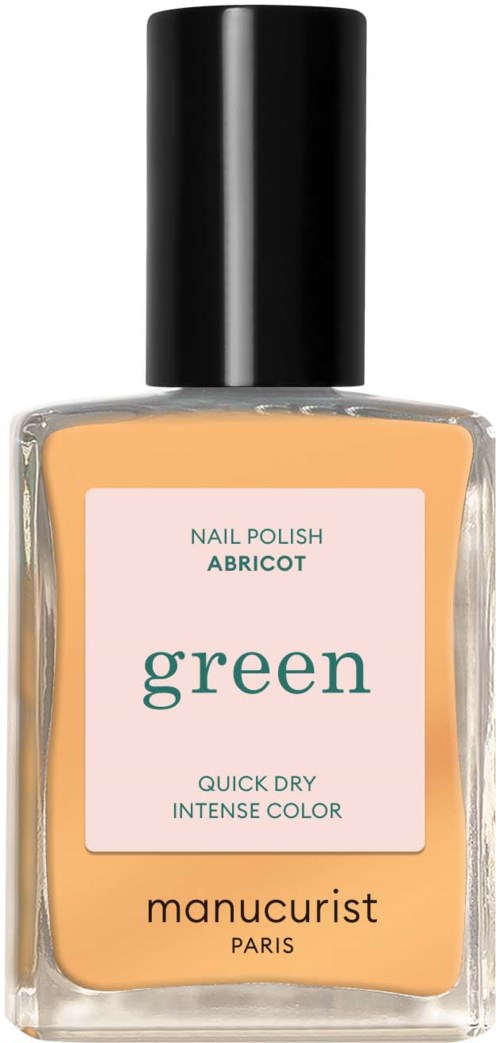 Bright peach-colored nail polish bottle with black cap, labeled 'green' by Manucurist, Paris.