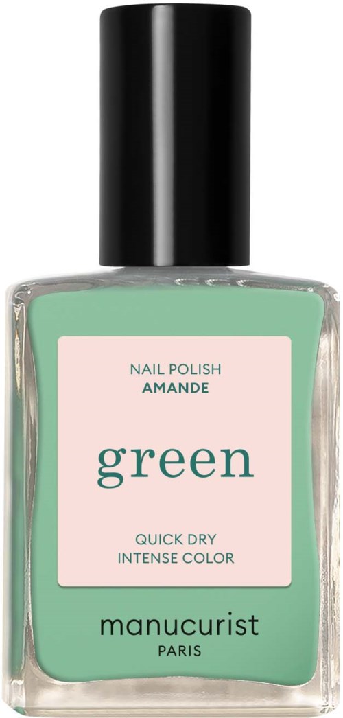Green nail polish bottle with a black cap, labeled 'manucurist Paris, nail polish, almond, quick dry, intense color.'