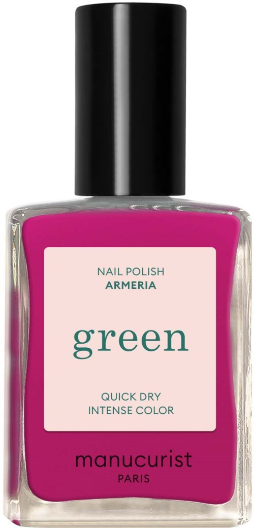 Pink nail polish bottle with a black cap, labeled 'green' by Manucurist, Paris.