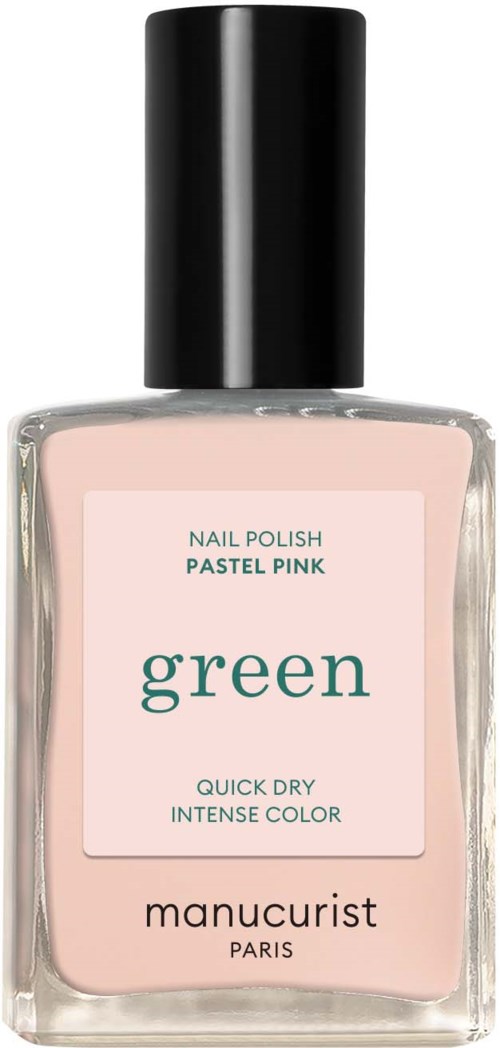 En flaska nagellack i pastelrosa med svart kork, märkt "green" och "manucurist Paris."