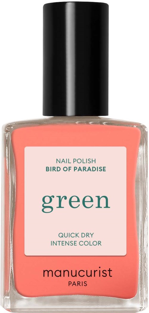 A bottle of nail polish with pink color, black cap, and label showing the brand Manucurist and the shade Green.