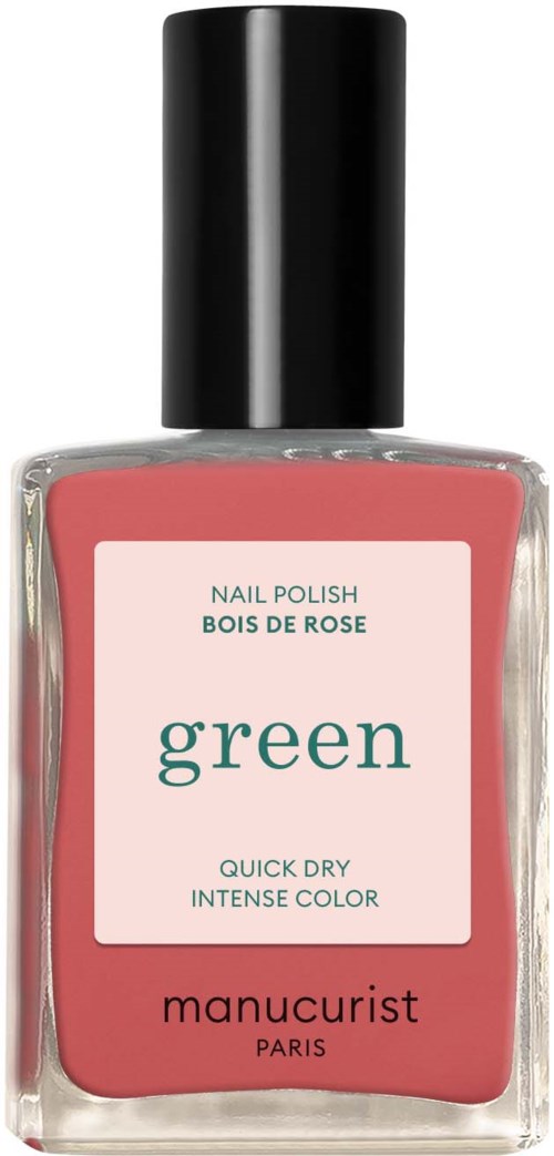 A nail polish bottle with a black cap, pink color, and a label that says 'green'.