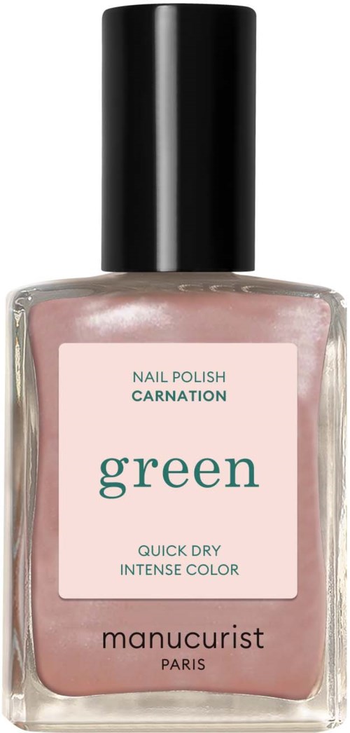 A pink nail polish bottle with a black cap, labeled 'Green' by Manucurist, Paris.