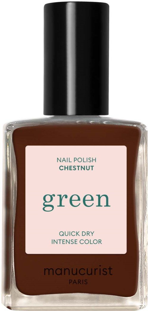 A nail polish bottle labeled 'green chestnut' with a pink label and black cap.