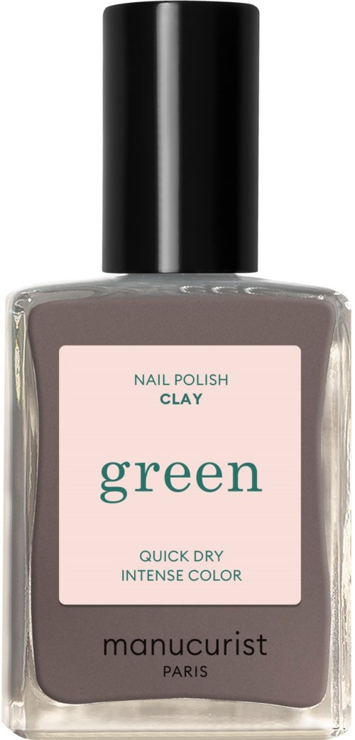A bottle of nail polish named 'green clay' from Manucurist Paris, shows grayish-green color, with a black cap and pink label.