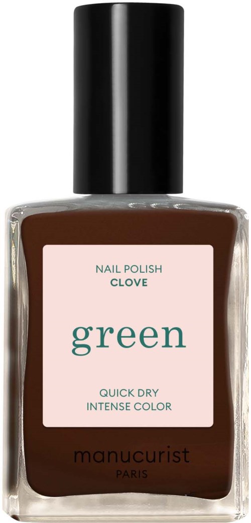 A bottle of green nail polish with a black cap and pink label reading 'Clove' and 'green.'